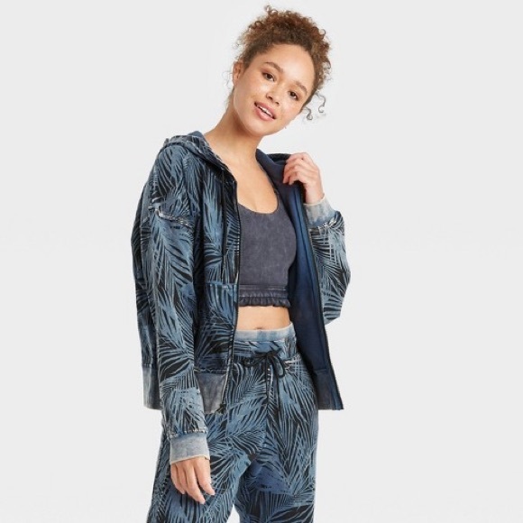 JoyLab Jackets & Blazers - Joy Lab Full Zip French Terry Blue & Black Palm Print Hoodie